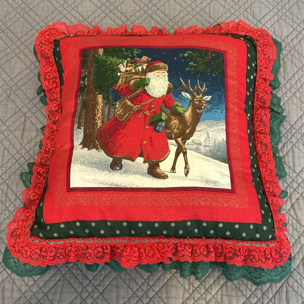 Vintage‎ Old World Santa Reindeer Christmas Throw Pillow 18" x 18"